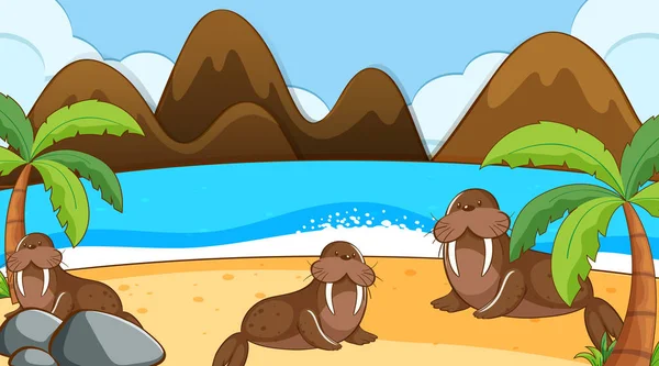 Scène met walrus op het strand — Stockvector