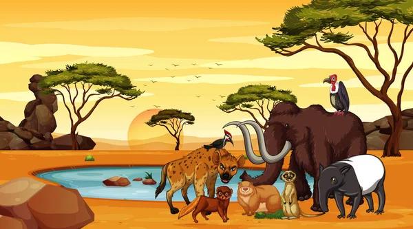 Scene with many animals at the savanna — Stock Vector