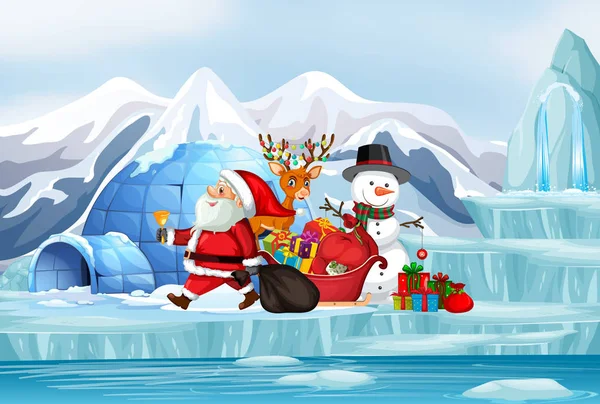 Χριστουγεννιάτικη σκηνή με τον Άγιο Βασίλη και χιονάνθρωπο — Διανυσματικό Αρχείο