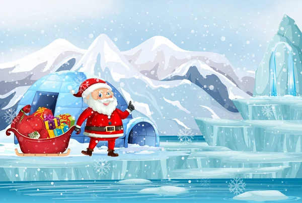 Scene with Santa and present in north pole — Stock Vector