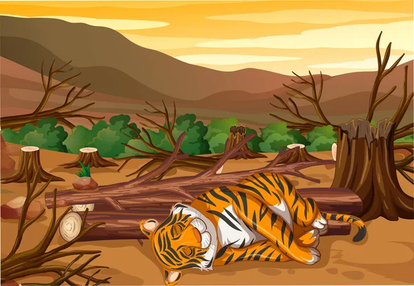 Scene with tiger and deforestation — Stock Vector