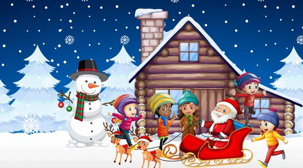 Scene with kids and santa on christmas night — Stock Vector