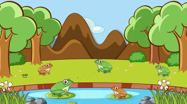 池塘边有许多青蛙的场景 — 图库矢量图片