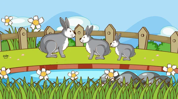 Escena con conejos en el jardín — Vector de stock