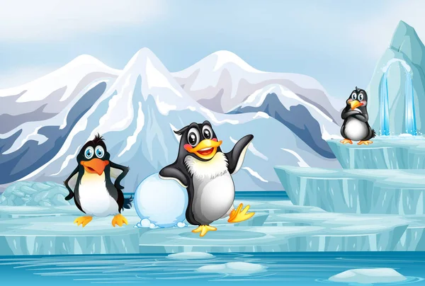 Σκηνή με τρεις πιγκουίνους στον πάγο — Διανυσματικό Αρχείο