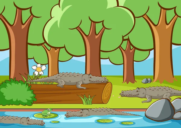 Сцена со многими крокодилами в лесу — стоковый вектор