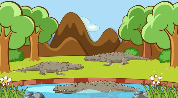 Scene with crocodiles in the pond — Stock Vector