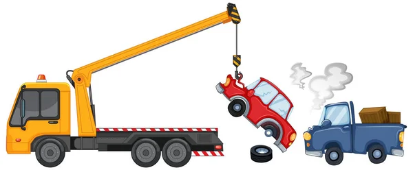 Tow truck lifting damaged cars — Stock Vector