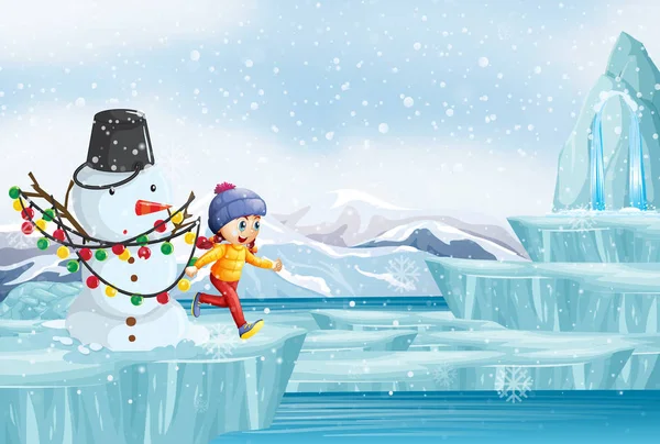 Σκηνή με χιονάνθρωπο και κοριτσάκι — Διανυσματικό Αρχείο