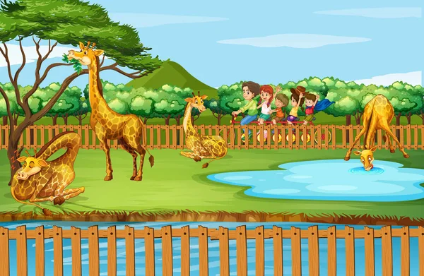 Scène met giraffen en mensen in de dierentuin — Stockvector