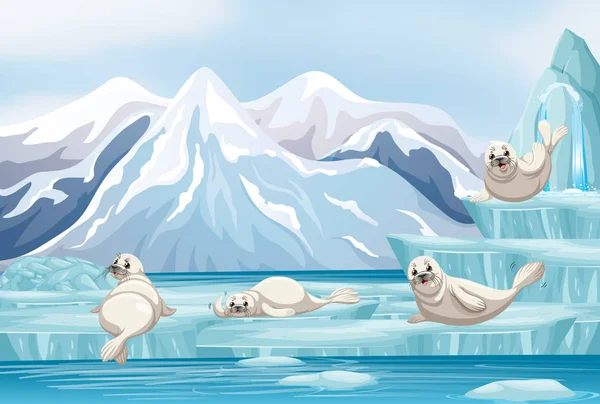 Scène met witte zeehonden op ijs — Stockvector