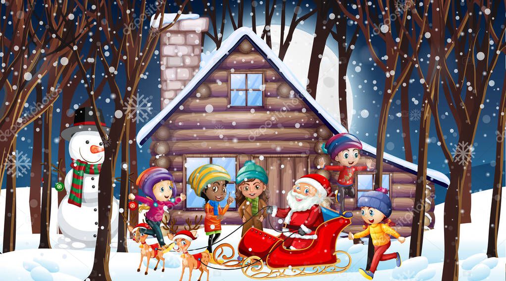 Christmas scene with Santa and many kids