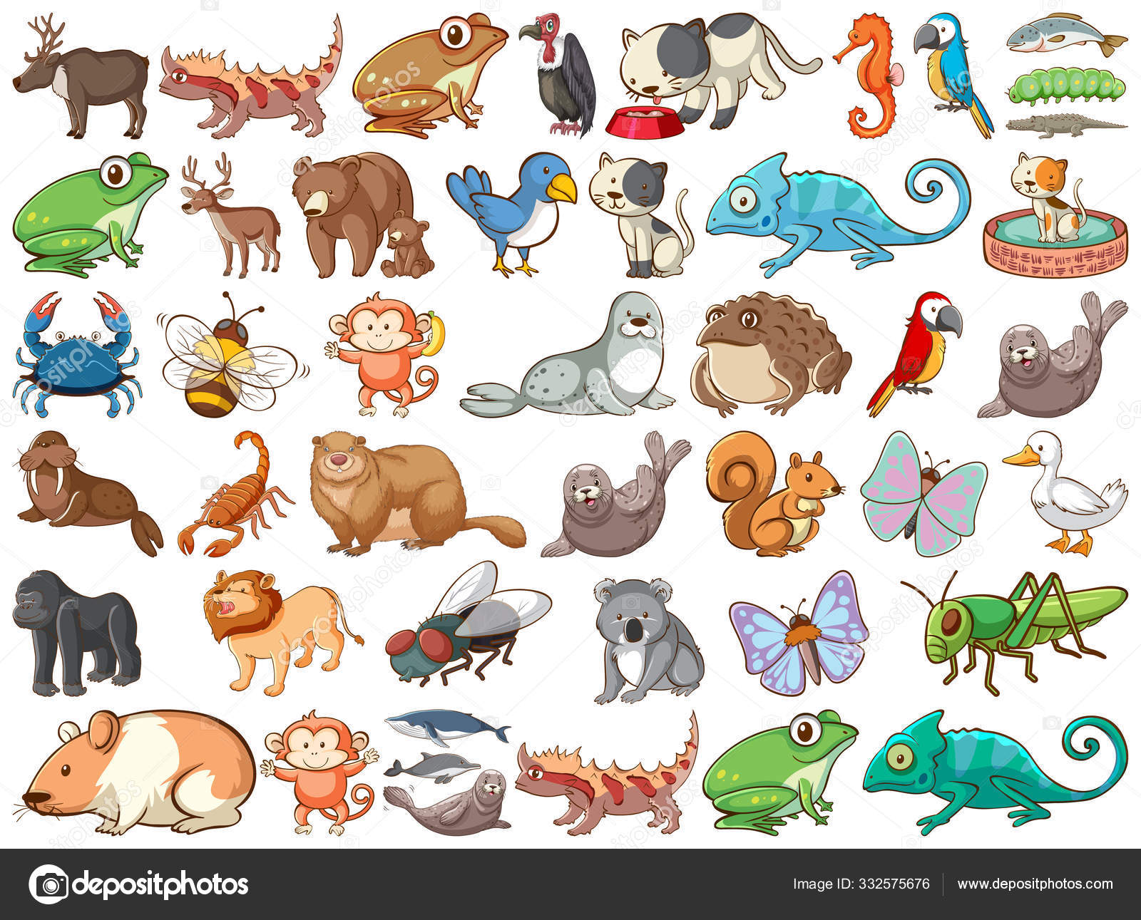 Large set of wildlife with many types of animals land and sea Stock