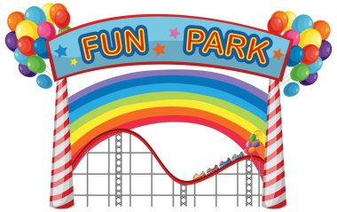 Arka planda gökkuşağı ve balonlarla eğlenceli park tabelası