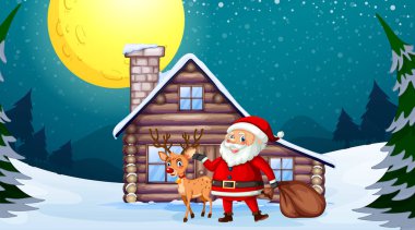 Noel Baba ve ren geyiği ahşap evin önünde