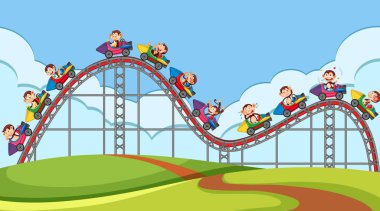 Lunaparkta hız trenine binen mutlu maymunlar