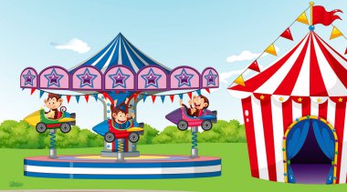 Parkta roket süren mutlu maymunların olduğu sahne