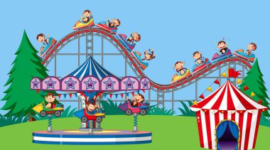 Parkta gezen neşeli maymunlarla arka plan sahnesi