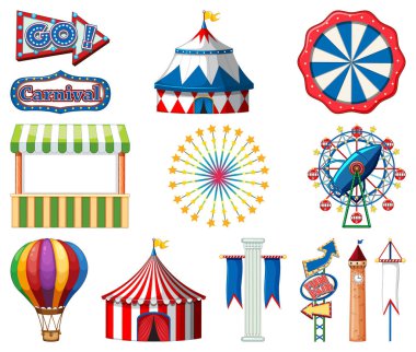 Beyaz arka planda sirk eşyaları.