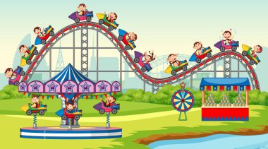 Parkta lunapark trenine binen mutlu maymunlarla dolu sahne