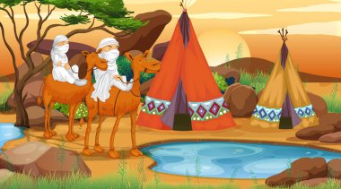 Scene with people riding on camels clipart