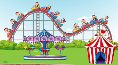 Parkta hız trenine binen maymunlarla dolu sahne