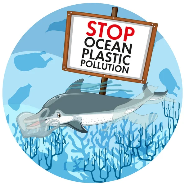 Scéna kontroly znečištění s delfíny a plastovými sáčky — Stockový vektor