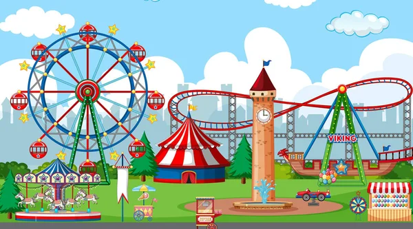 Escena con montaña rusa y muchos paseos en el parque de atracciones — Vector de stock