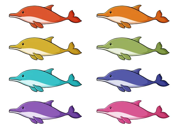 Isolierte Delfingruppe in vielen Farben — Stockvektor