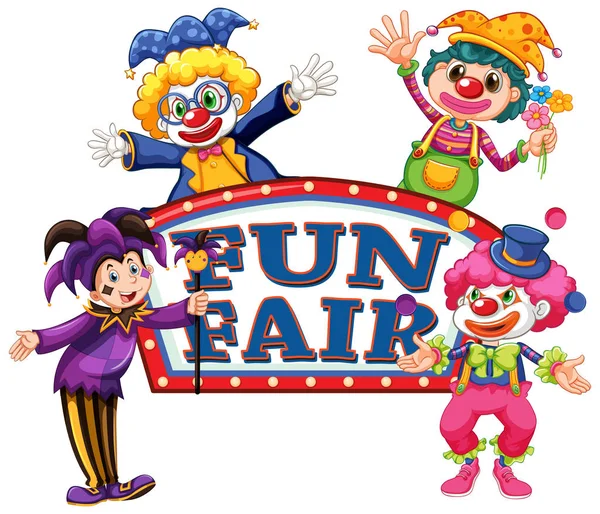 Fun fair sign template with four happy clowns — 스톡 벡터