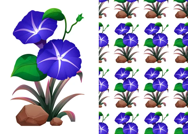 Design de fundo sem costura com flores de glória da manhã azul —  Vetores de Stock