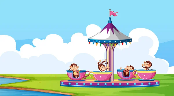 Escena con monos felices jugando en el giro de la taza — Vector de stock