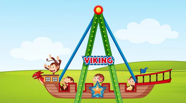 Escena con monos felices cabalgando en barco vikingo — Vector de stock