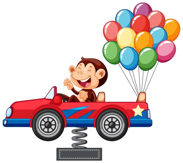 Monkey equitação no carro de brinquedo com balões coloridos — Vetor de Stock