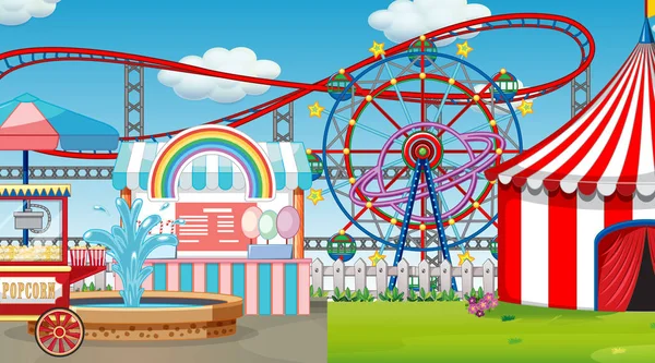 Scene with many rides in the fun fair — Stock Vector