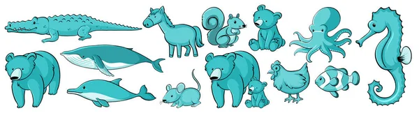 Muchos animales en color azul — Vector de stock