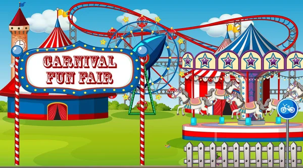 Scene with roller coaster and other rides in the fair — Stock Vector