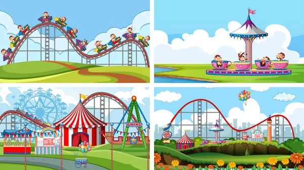 Four scenes with many rides in the fun fair — Stock Vector