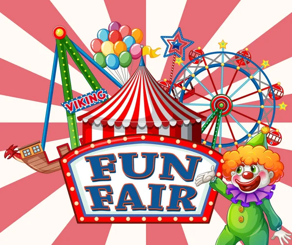 Projekt plakatu dla zabawy fair z klaunem i wiele przejażdżek — Wektor stockowy