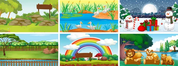 Six scenes with animals in the park — Stock Vector