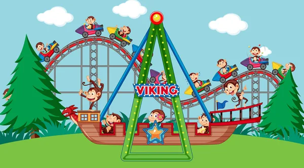 Scene with cute monkeys riding on viking ship and roller coaster — Stock Vector
