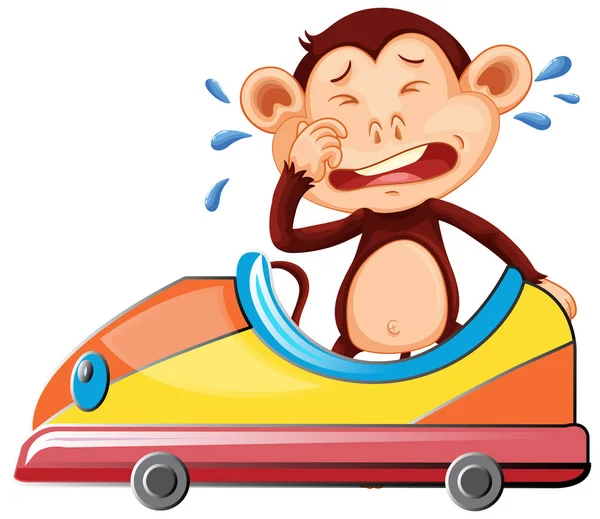 Llorando mono montar en coche de juguete — Vector de stock