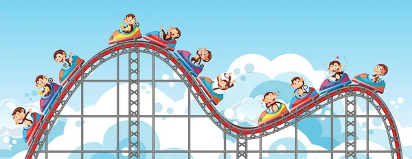 Happy monkeys riding on roller coaster with sky background — Stock Vector