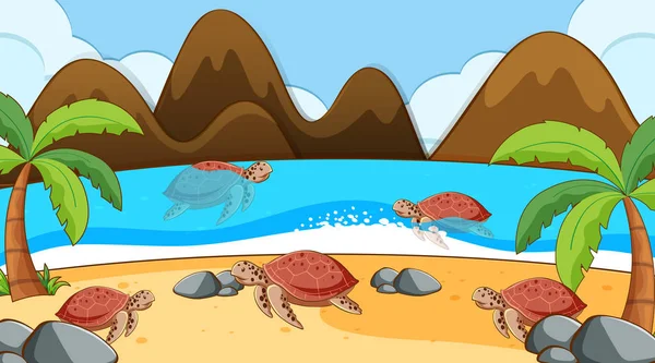 Jelenet tengeri teknősökkel úszás a tengerben — Stock Vector