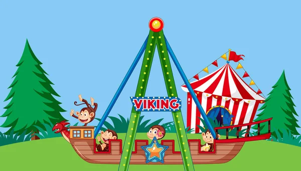 Scene with monkeys riding viking in the park — 스톡 벡터