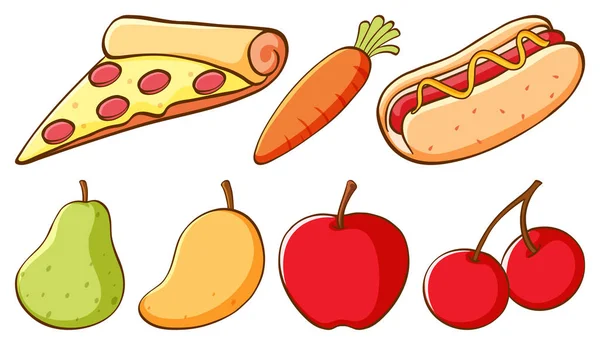 Conjunto de comida rápida y diferentes tipos de frutas en el fondo blanco — Vector de stock