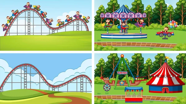 Four scenes with many rides in the fun fair — Stock Vector