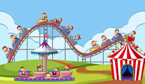 Scène avec des singes chevauchant des tours de cirque dans le parc — Image vectorielle