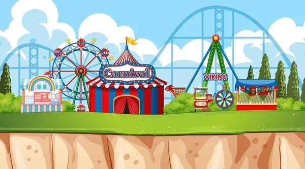Сцена з колесом та іграми на веселому ярмарку — стоковий вектор