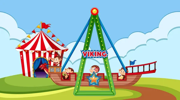 Scene with happy monkeys riding viking ship in the park — 스톡 벡터